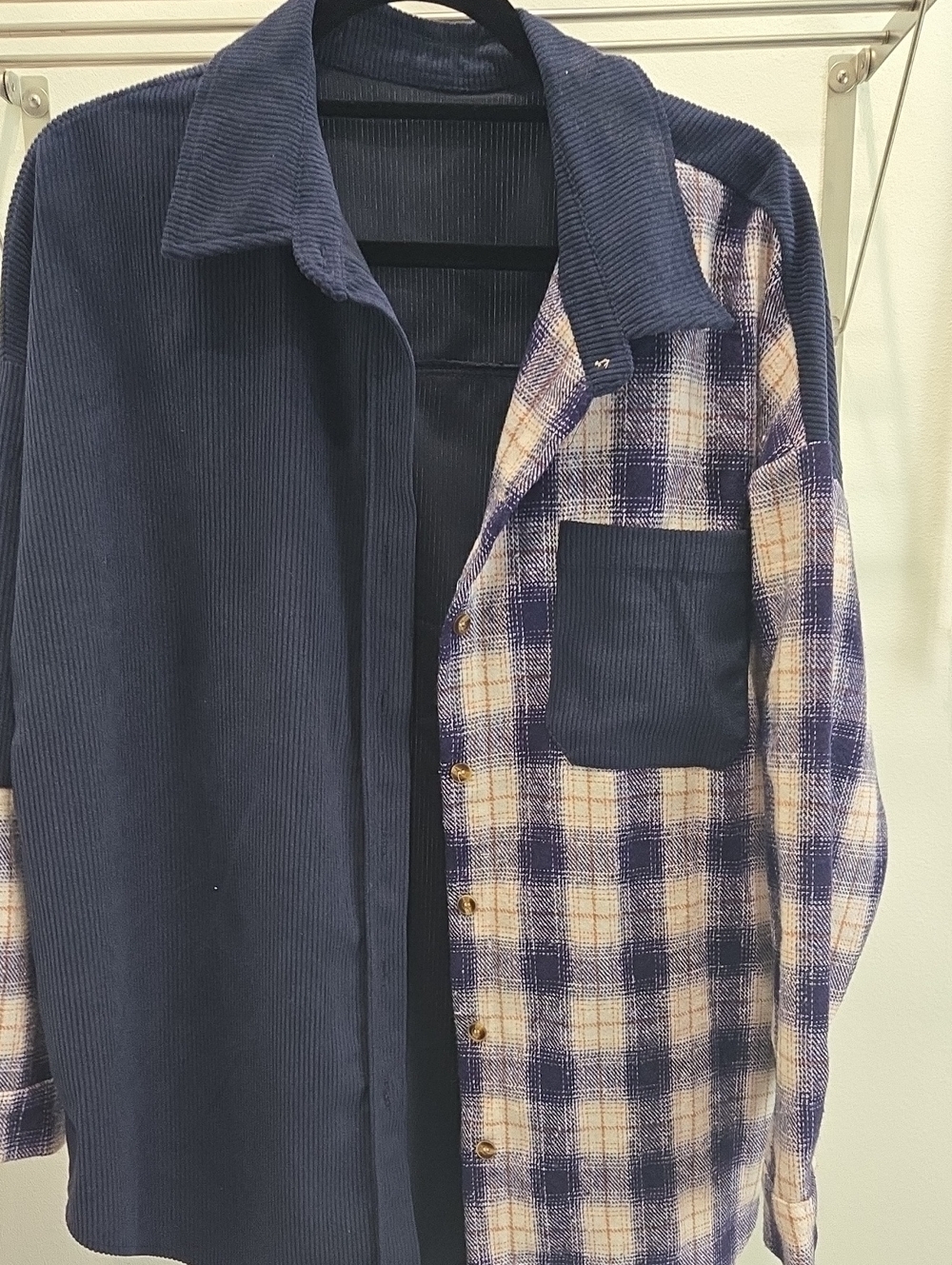 Women's Navy Mixed-Media Shacket - Plaid Panel